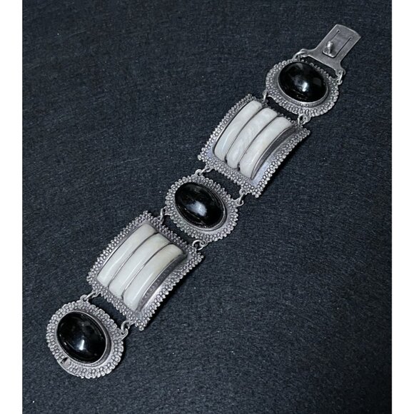 Vintage Sterling Silver Agate & Onyx Wide Chunky Panel Bracelet 7” 103.8g